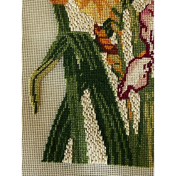 Hand-Stitched Needlepoint Iris Floral Canvas Art Unfinished w/ Materials & Bars - Picture 8 of 16
